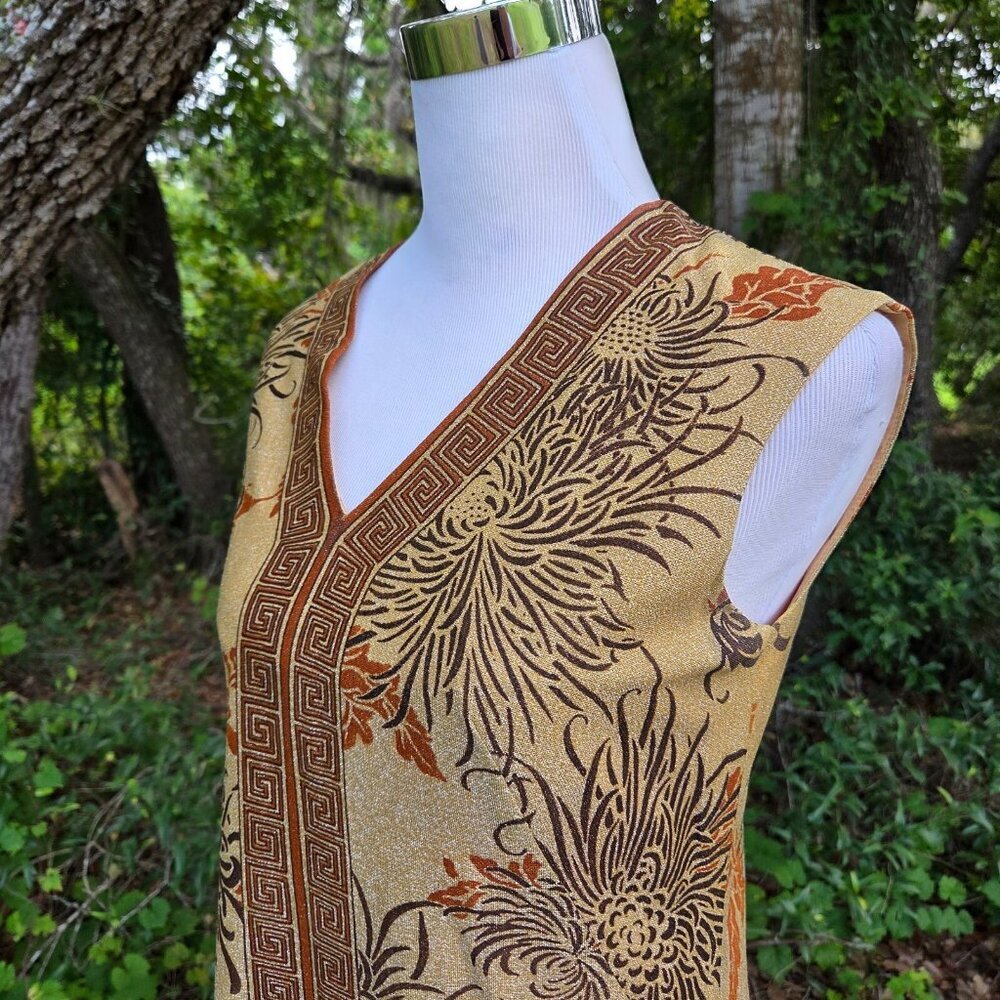 VINTAGE 1960s ALFRED SHAHEEN 2 PIECE JACKET MAXI GOLD HAWAIIAN DRESS Size 10 - Picture 13 of 16